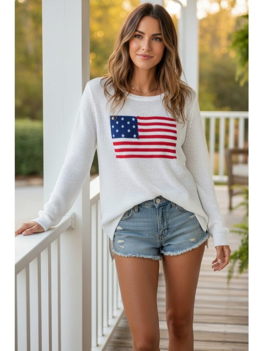 American Flag Lightweight Knit Patriotic Round Neck Top Pullover USA Sweater